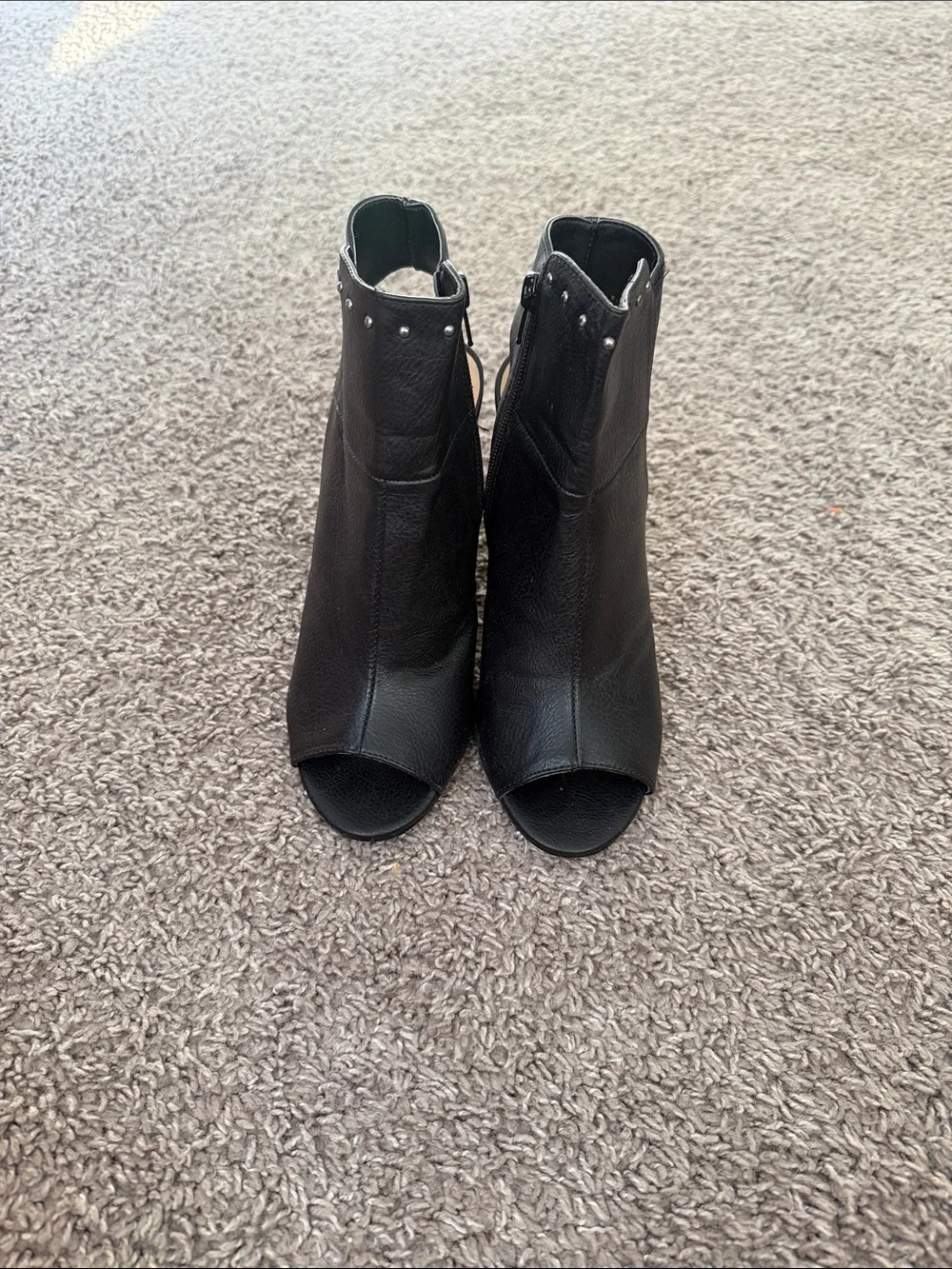 Black Open-Toe Block Heel Ankle Booties with Stud Detail
